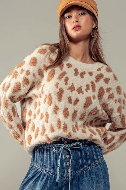 Taupe Animal Print Camo Crewneck Sweater - Purpose + Passion Boutique