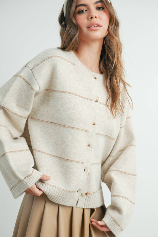 Taupe Button Front Striped Cardigan - Purpose + Passion Boutique