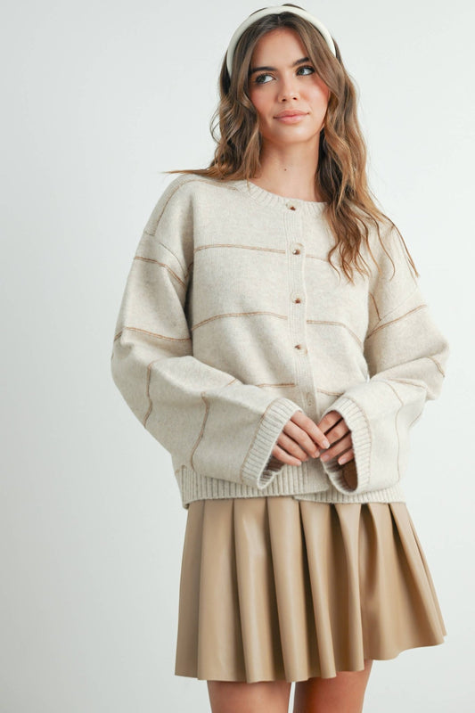 Taupe Button Front Striped Cardigan - Purpose + Passion Boutique