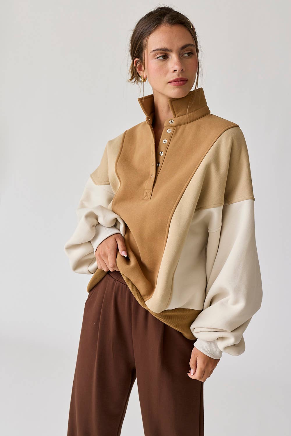 Taupe Colorblock Mock Neck Pullover - Purpose + Passion Boutique