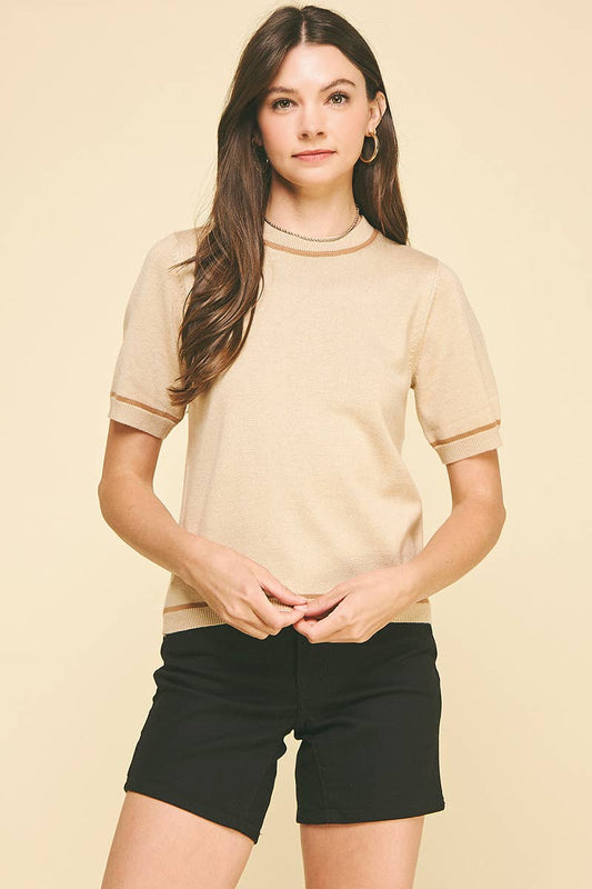 Taupe Contrast Round Neck Short Sleeve Sweater - Purpose + Passion Boutique