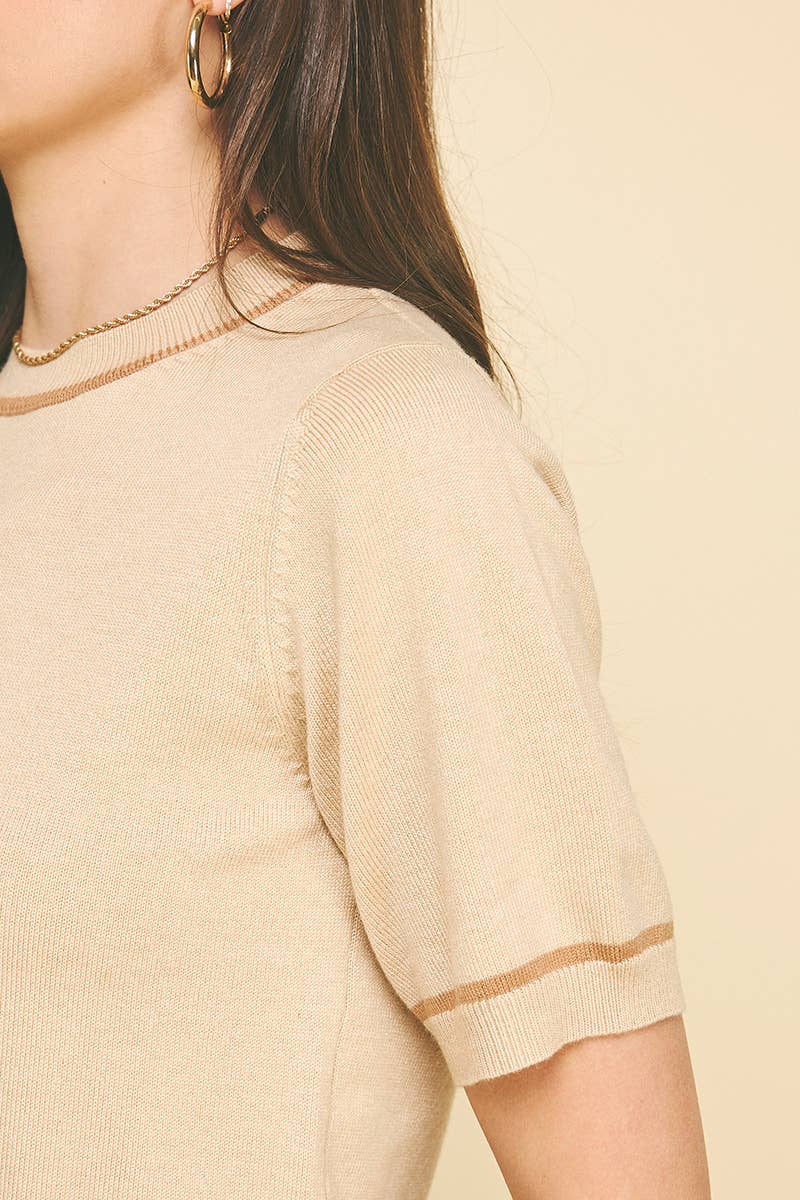 Taupe Contrast Round Neck Short Sleeve Sweater - Purpose + Passion Boutique