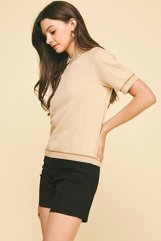 Taupe Contrast Round Neck Short Sleeve Sweater - Purpose + Passion Boutique