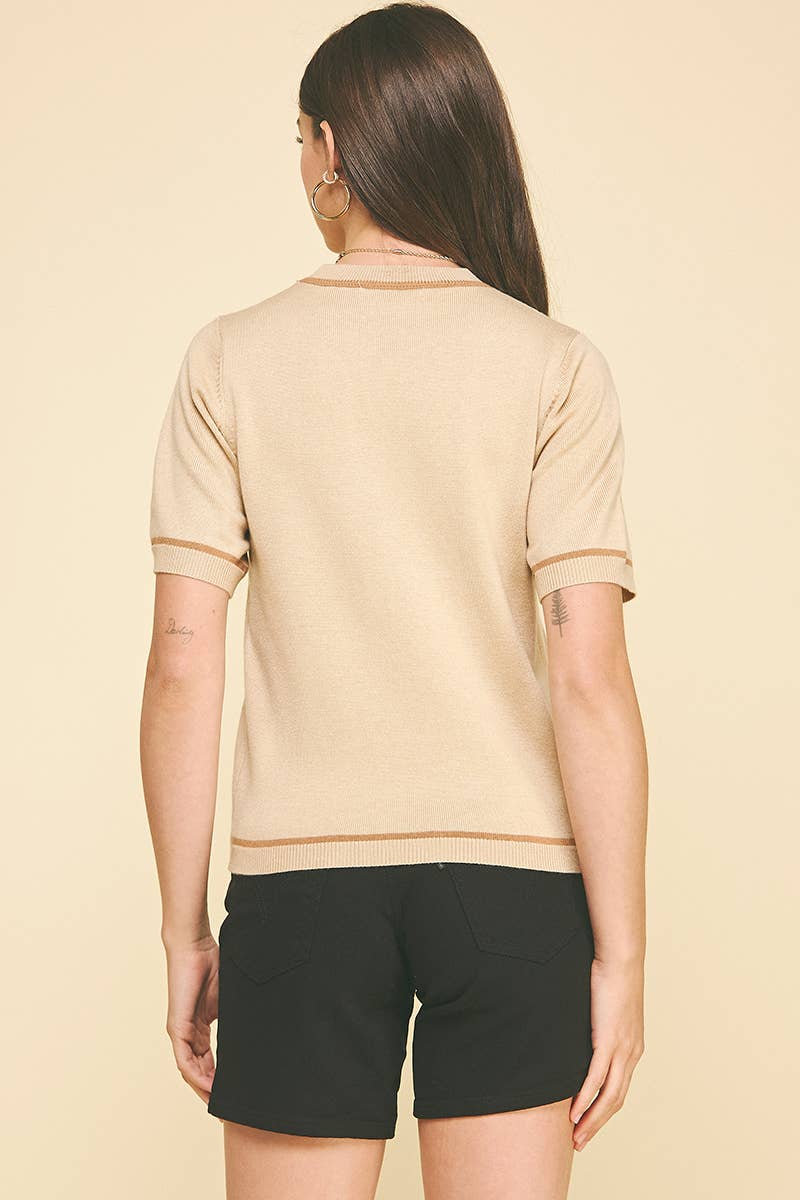 Taupe Contrast Round Neck Short Sleeve Sweater - Purpose + Passion Boutique