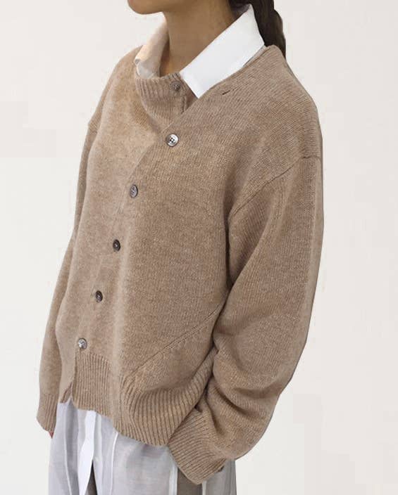 Taupe Diagonally Buttoned Irregular Crewneck Knit Top - Purpose + Passion Boutique