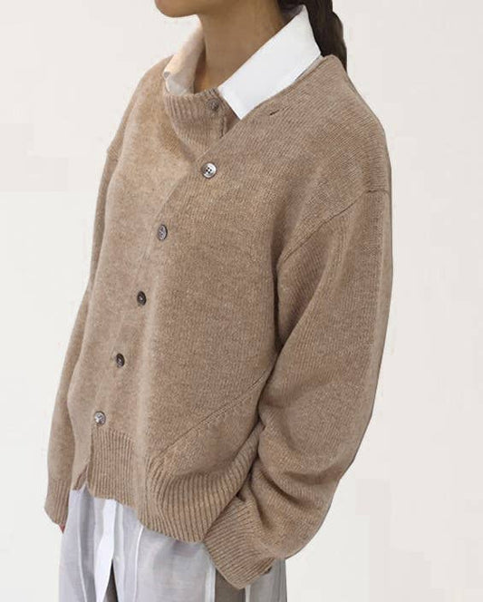 Taupe Diagonally Buttoned Irregular Crewneck Knit Top - Purpose + Passion Boutique
