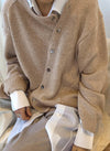 Taupe Diagonally Buttoned Irregular Crewneck Knit Top - Purpose + Passion Boutique
