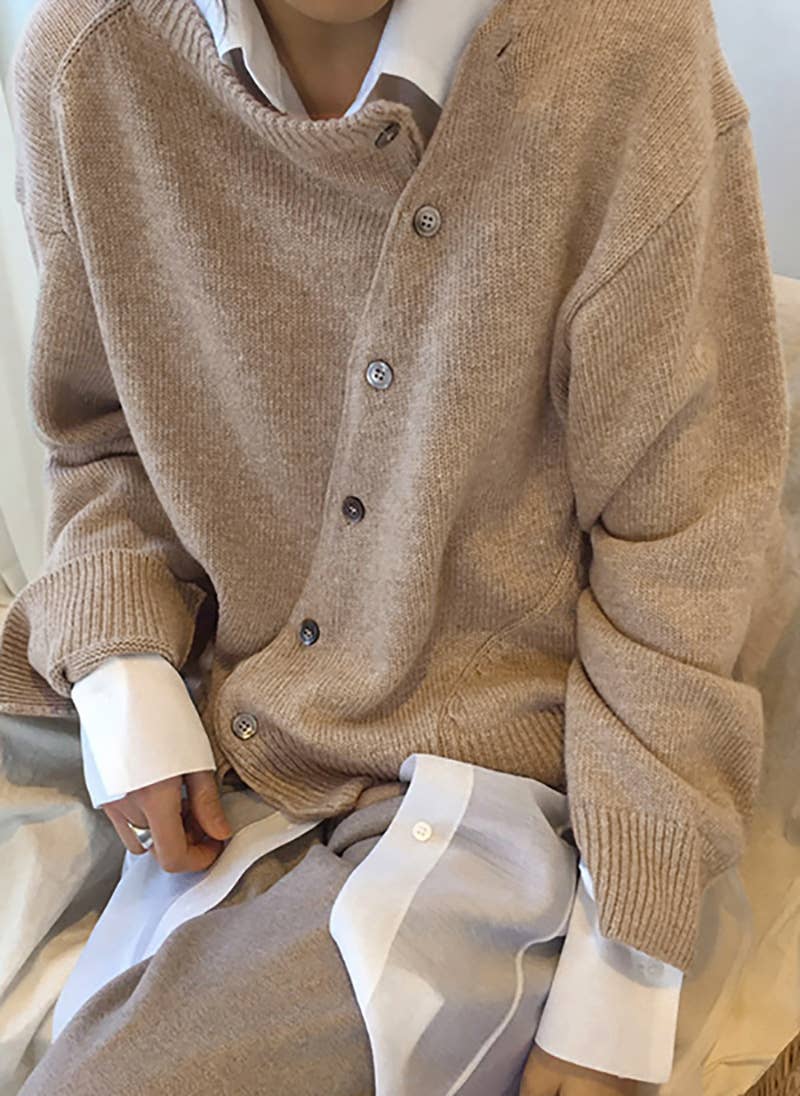 Taupe Diagonally Buttoned Irregular Crewneck Knit Top - Purpose + Passion Boutique
