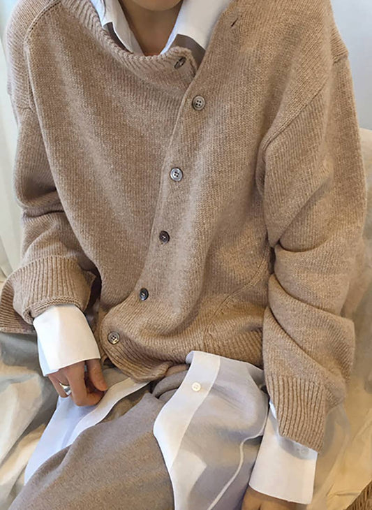 Taupe Diagonally Buttoned Irregular Crewneck Knit Top - Purpose + Passion Boutique