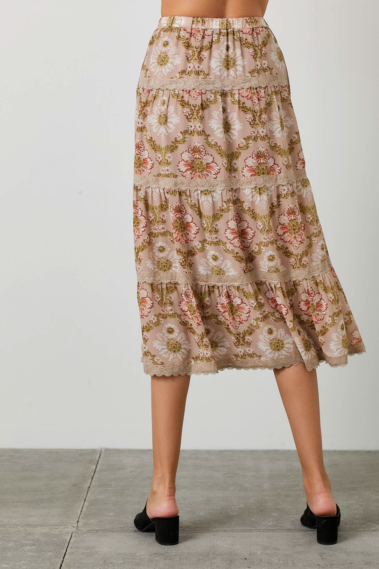 Taupe Print Lace Trim Skirt - Purpose + Passion Boutique