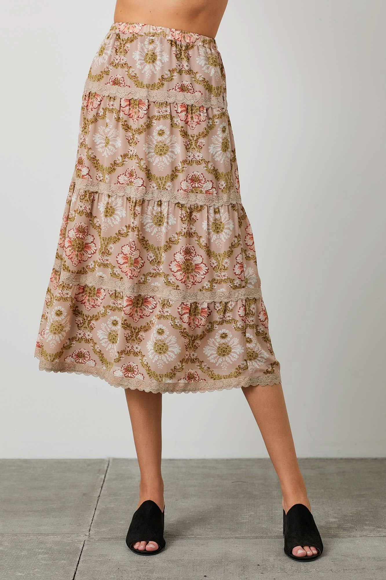 Taupe Print Lace Trim Skirt - Purpose + Passion Boutique