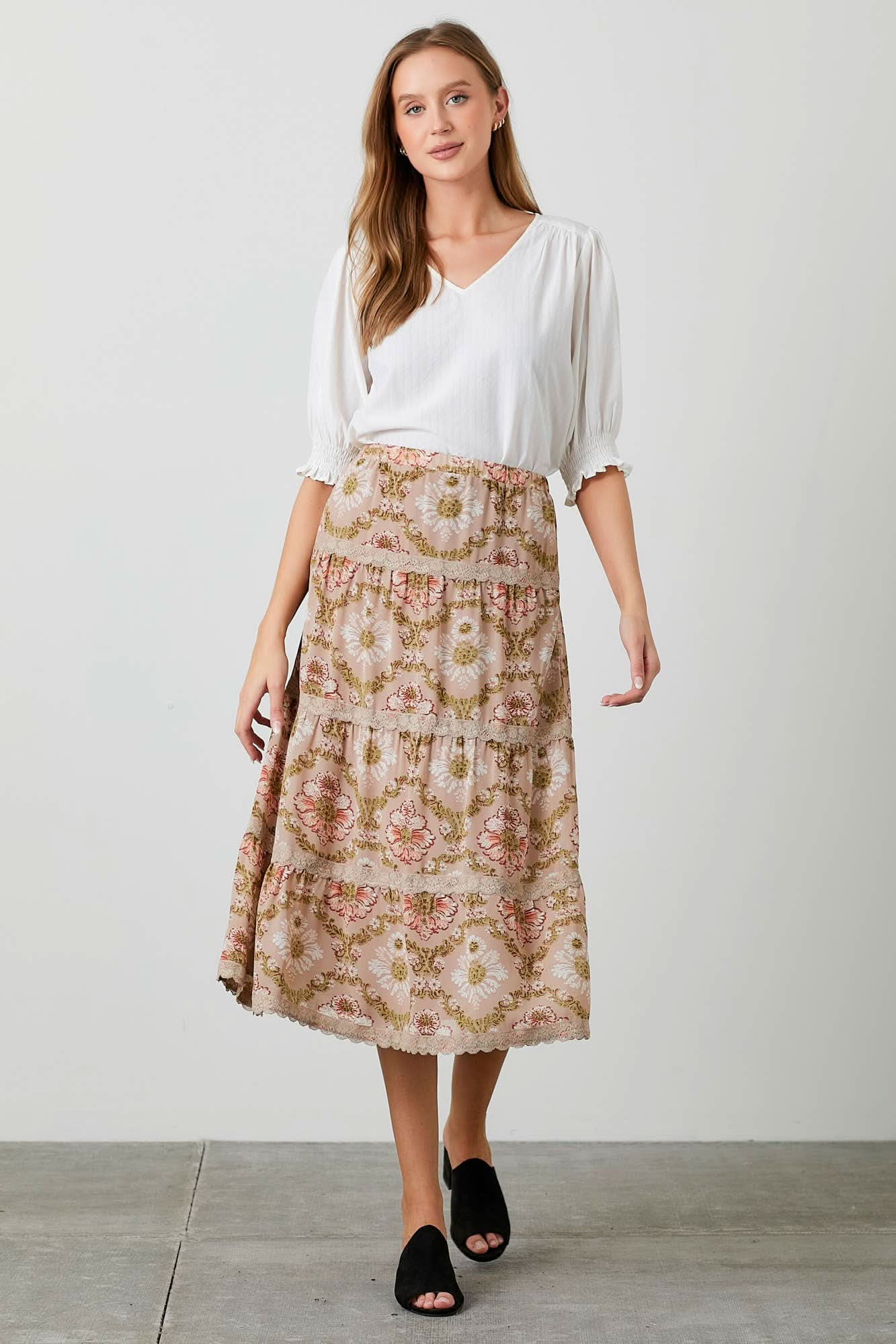 Taupe Print Lace Trim Skirt - Purpose + Passion Boutique