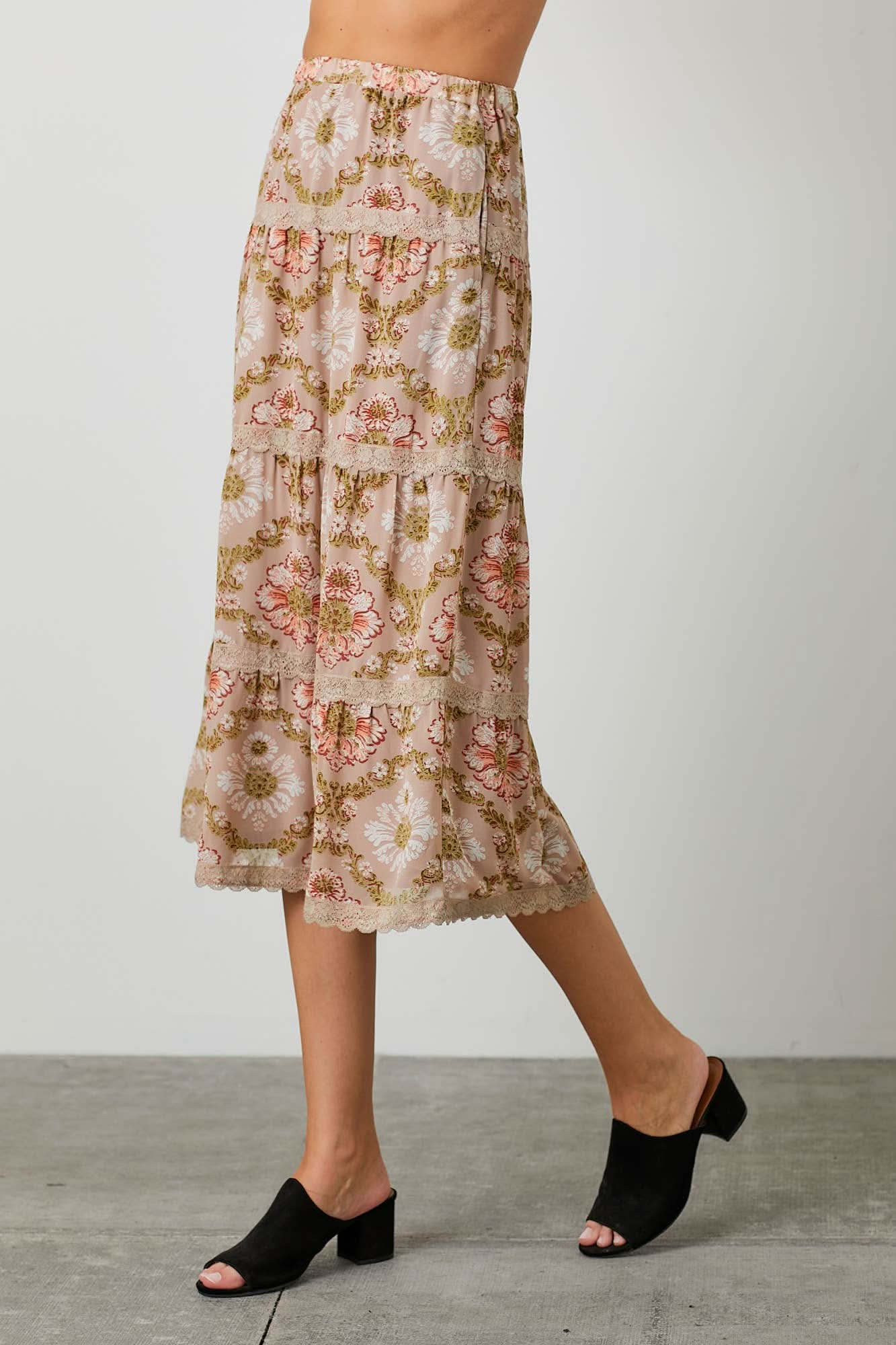 Taupe Print Lace Trim Skirt - Purpose + Passion Boutique