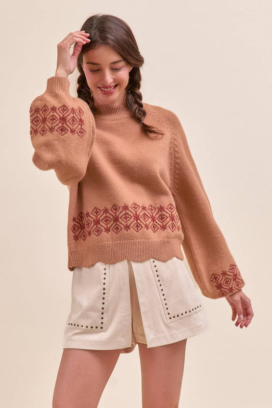 Taupe Scalloped Mock Neck Embroidered Sweater - Purpose + Passion Boutique