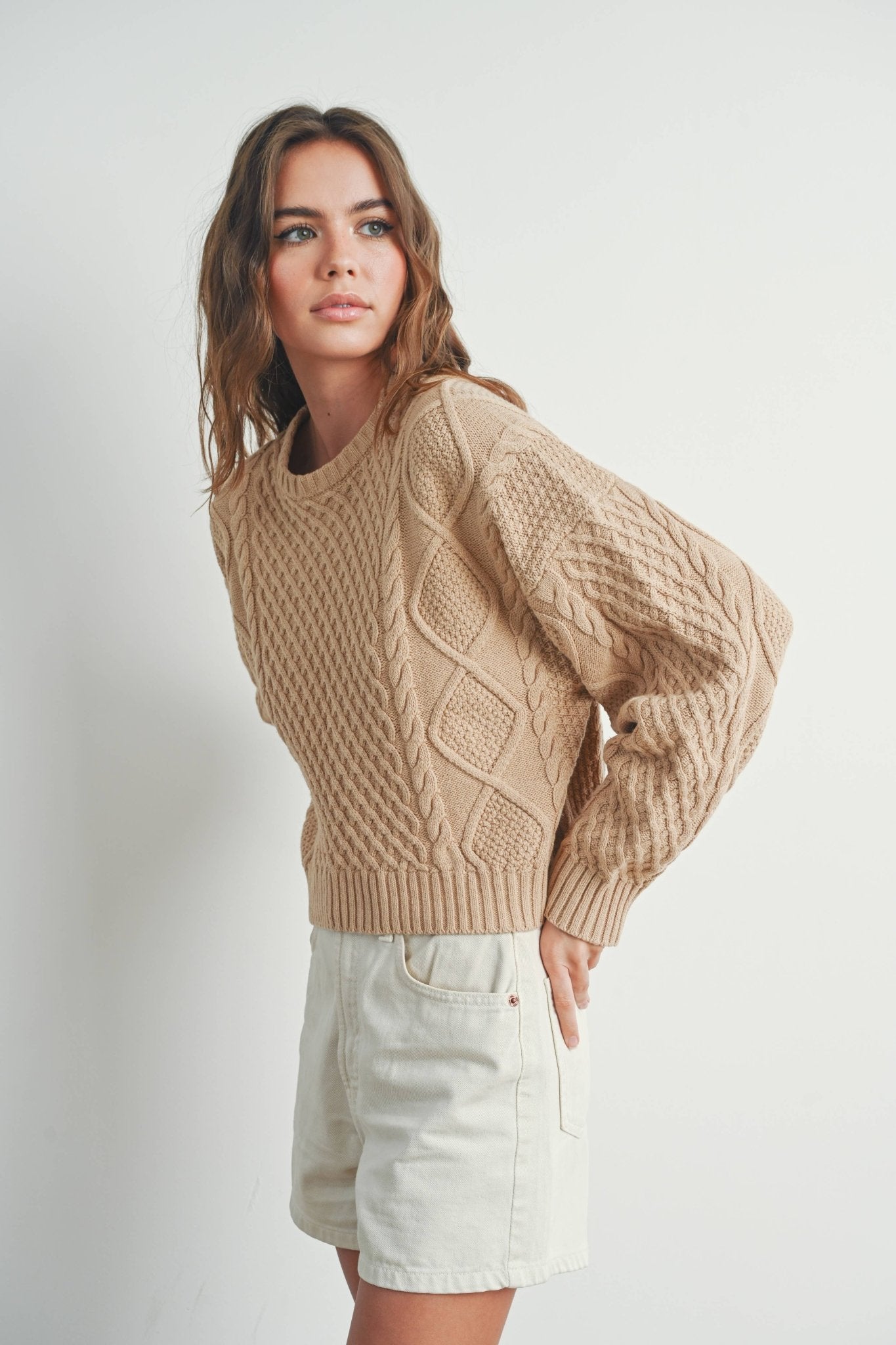 Taupe Solid Cable Knit Sweater - Purpose + Passion Boutique