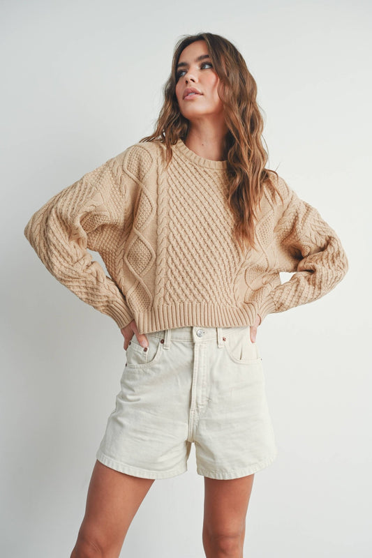 Taupe Solid Cable Knit Sweater - Purpose + Passion Boutique