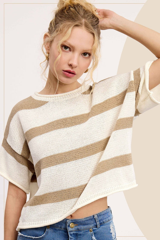 Taupe & White Boxy Silhouette Stripe Lightweight Sweater - Purpose + Passion Boutique