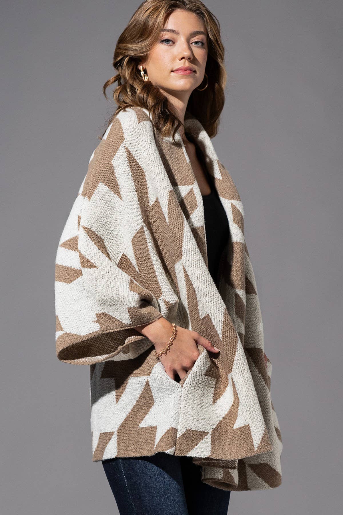 Taupe Woven Large Houndstooth Pattern Cardigan - Purpose + Passion Boutique