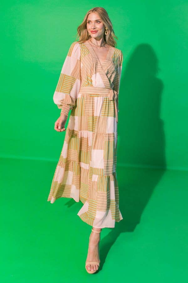 Taupe/Green/Coral Colorblock Midi Dress - Purpose + Passion Boutique