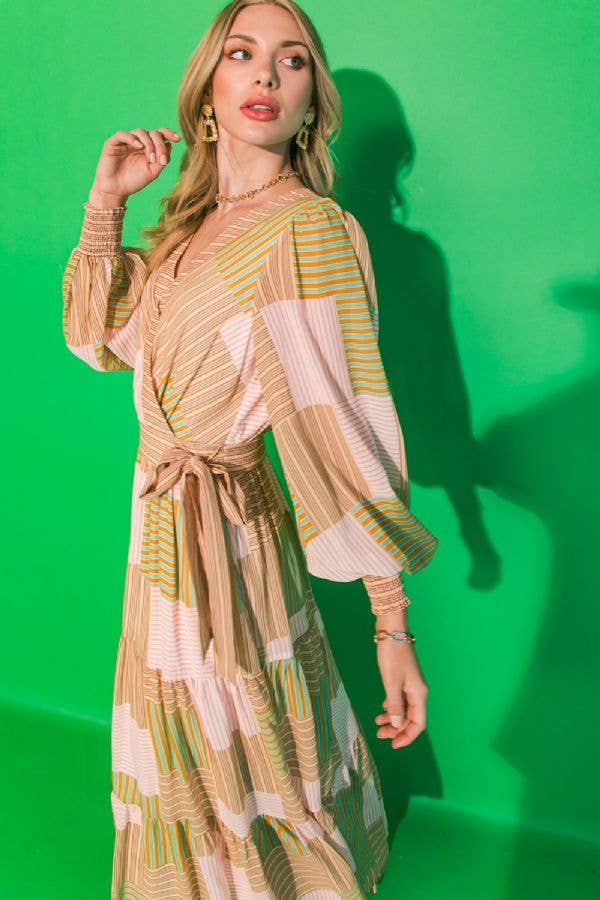 Taupe/Green/Coral Colorblock Midi Dress - Purpose + Passion Boutique