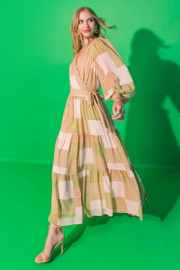 Taupe/Green/Coral Colorblock Midi Dress - Purpose + Passion Boutique
