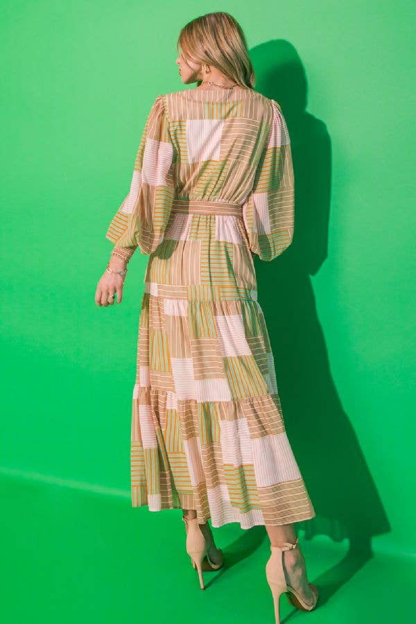 Taupe/Green/Coral Colorblock Midi Dress - Purpose + Passion Boutique