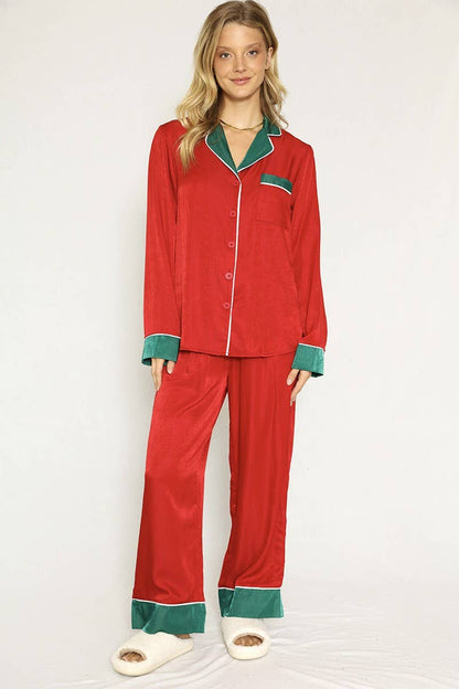 Textured Red Satin Holiday Pajamas (2pc) - Purpose + Passion Boutique