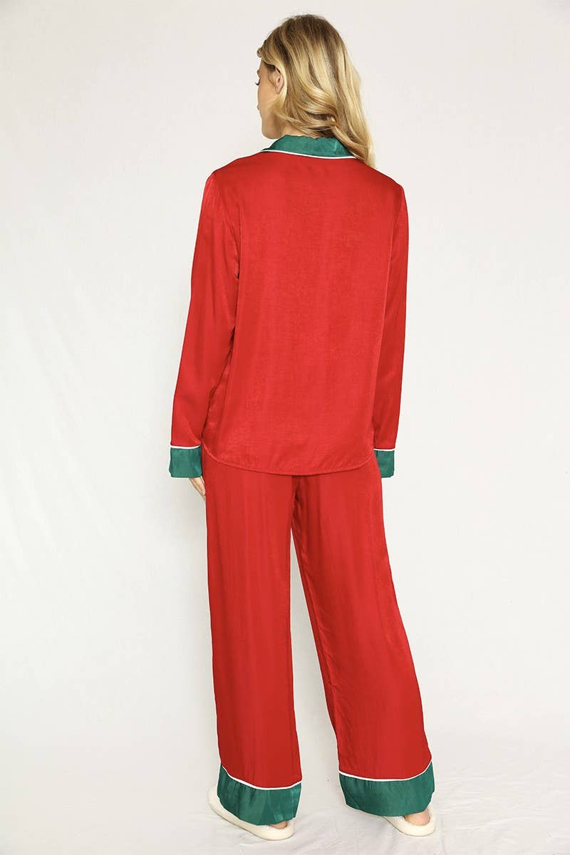 Textured Red Satin Holiday Pajamas (2pc) - Purpose + Passion Boutique