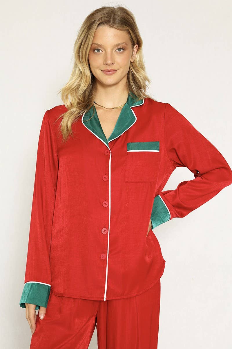 Textured Red Satin Holiday Pajamas (2pc) - Purpose + Passion Boutique