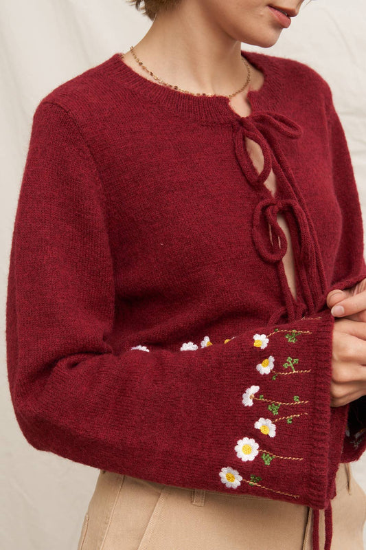 Tie Front Floral Embroidered Sweater Cardigan - Purpose + Passion Boutique
