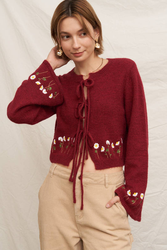 Tie Front Floral Embroidered Sweater Cardigan - Purpose + Passion Boutique