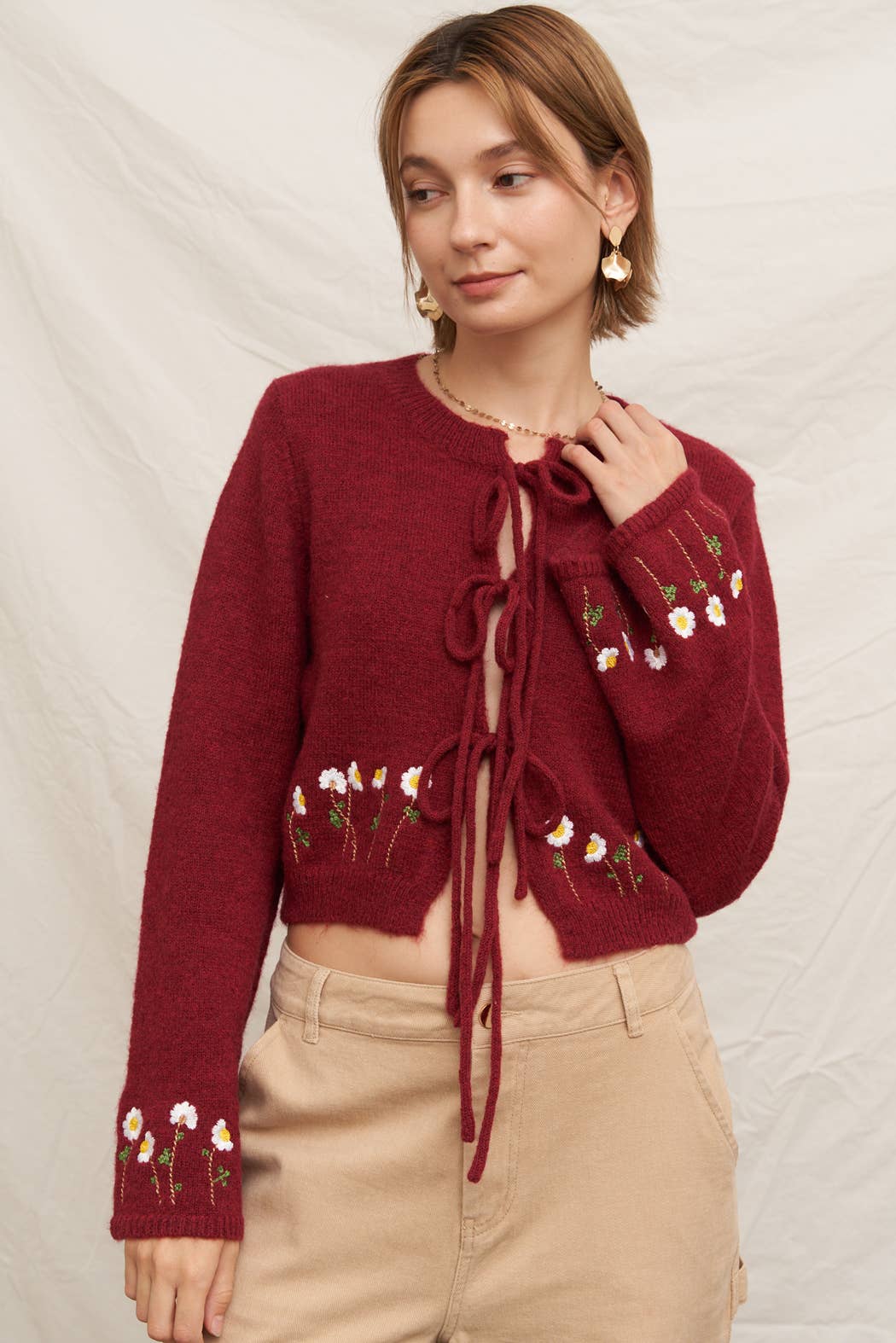 Tie Front Floral Embroidered Sweater Cardigan - Purpose + Passion Boutique