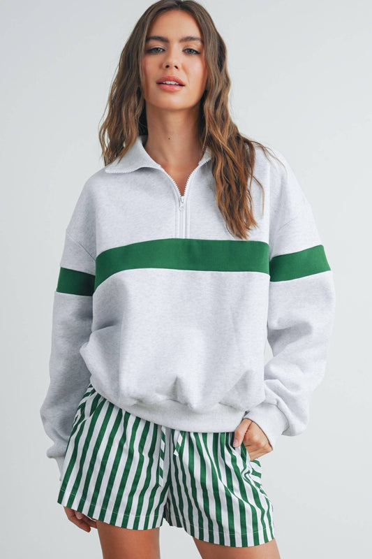 Two - Toned Grey / Green Half Zip Collar Sweatshirt - Purpose + Passion Boutique