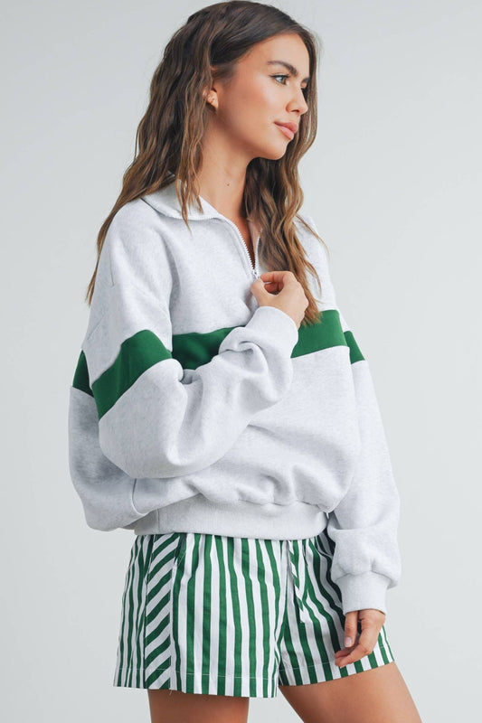 Two - Toned Grey / Green Half Zip Collar Sweatshirt - Purpose + Passion Boutique