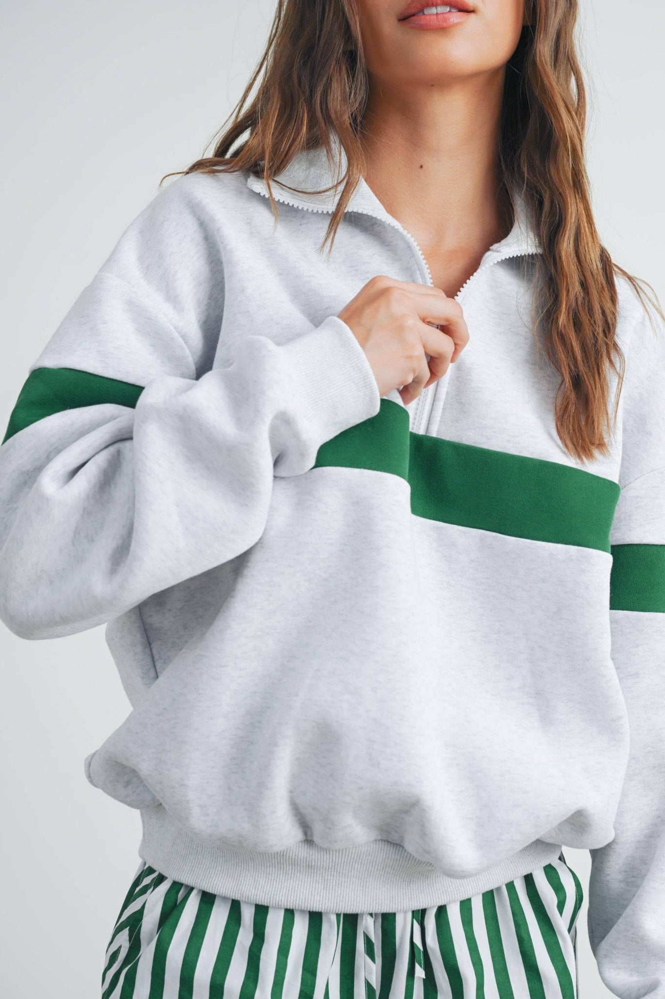 Two - Toned Grey / Green Half Zip Collar Sweatshirt - Purpose + Passion Boutique