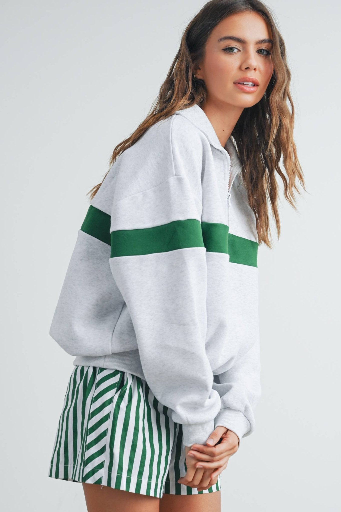 Two - Toned Grey / Green Half Zip Collar Sweatshirt - Purpose + Passion Boutique