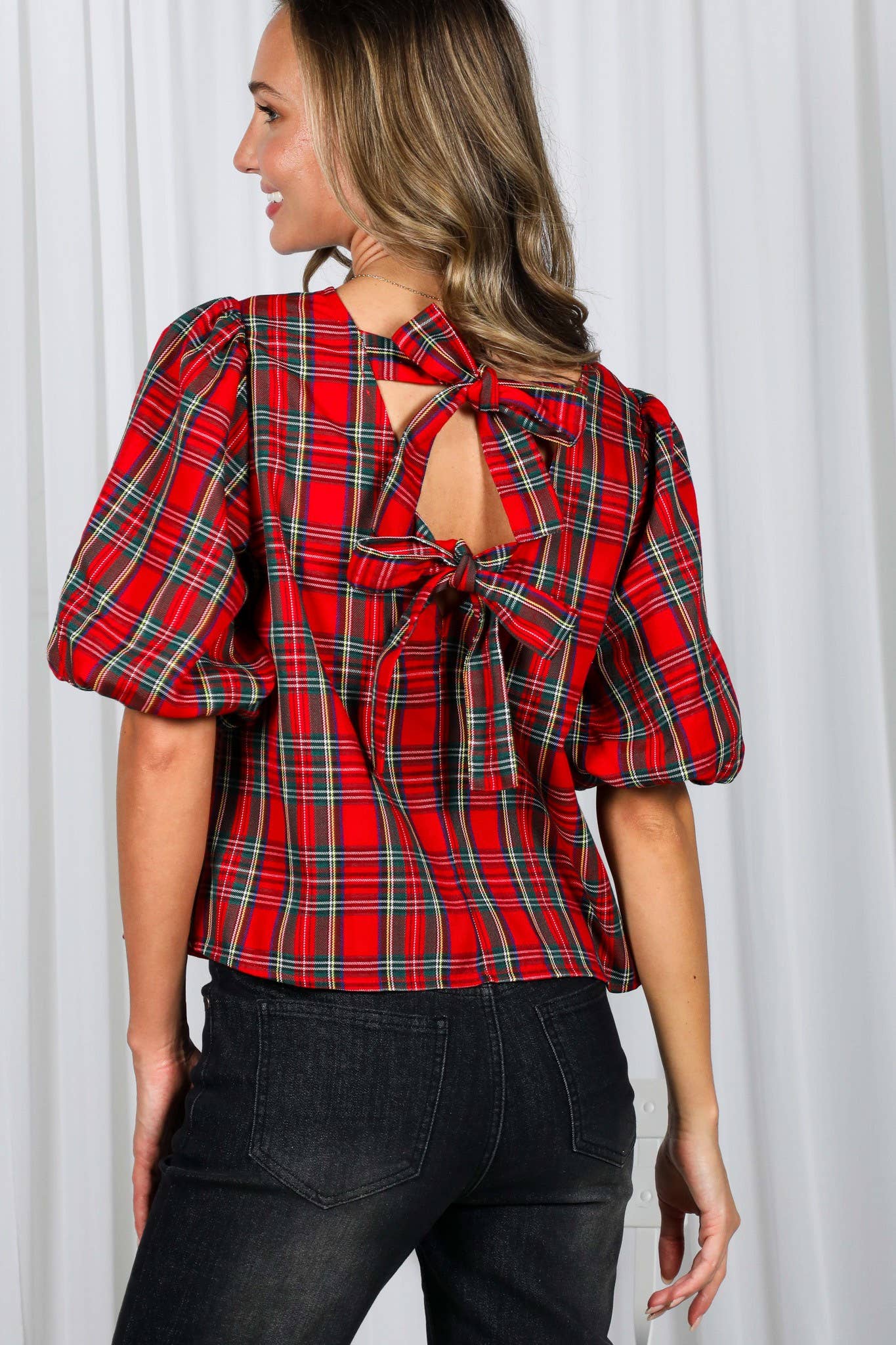 V - Back 2 Bow Plaid Blouse - Purpose + Passion Boutique