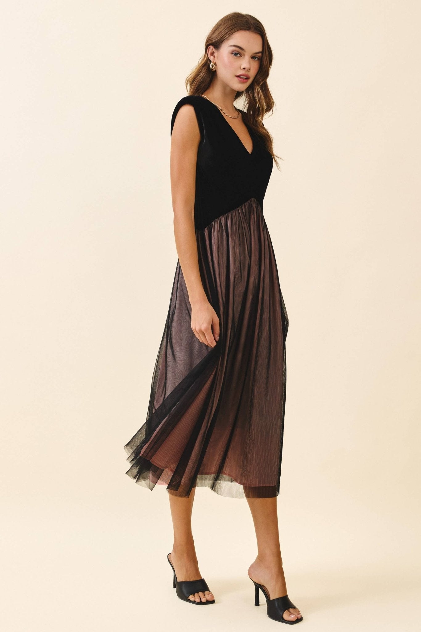 Velvet Fitted Bodice Padded Shoulder Midi Dress - Purpose + Passion Boutique