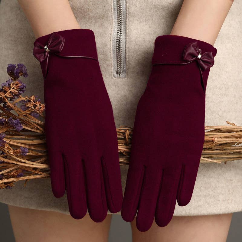 Velvet Leather Bow Paneled Warm Gloves - Purpose + Passion Boutique