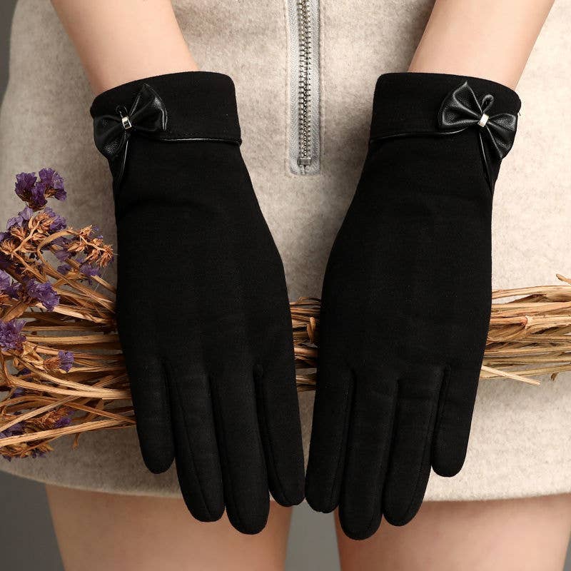 Velvet Leather Bow Paneled Warm Gloves - Purpose + Passion Boutique