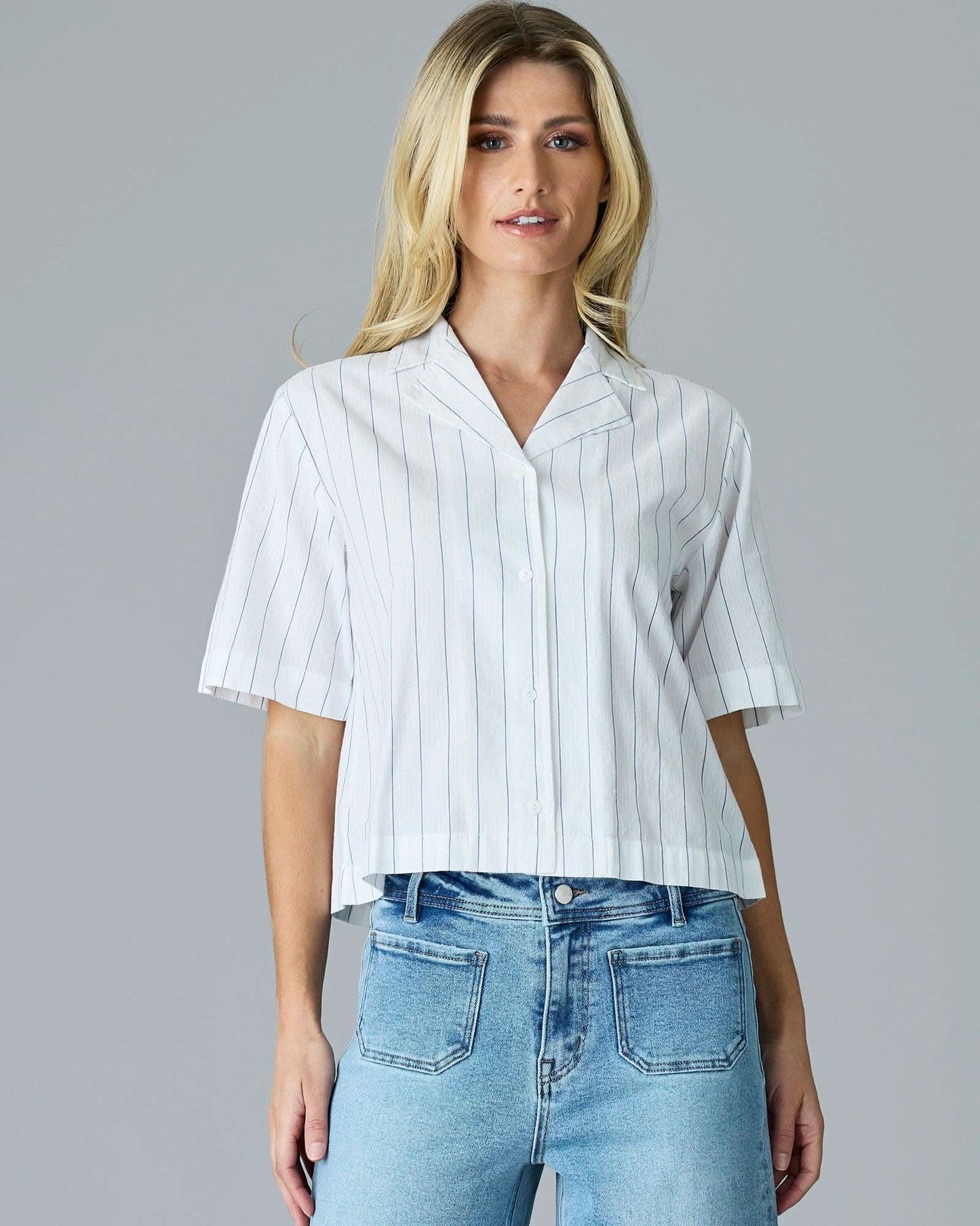 Vertical Stripe Half Sleeve Button Down Shirt - Purpose + Passion Boutique