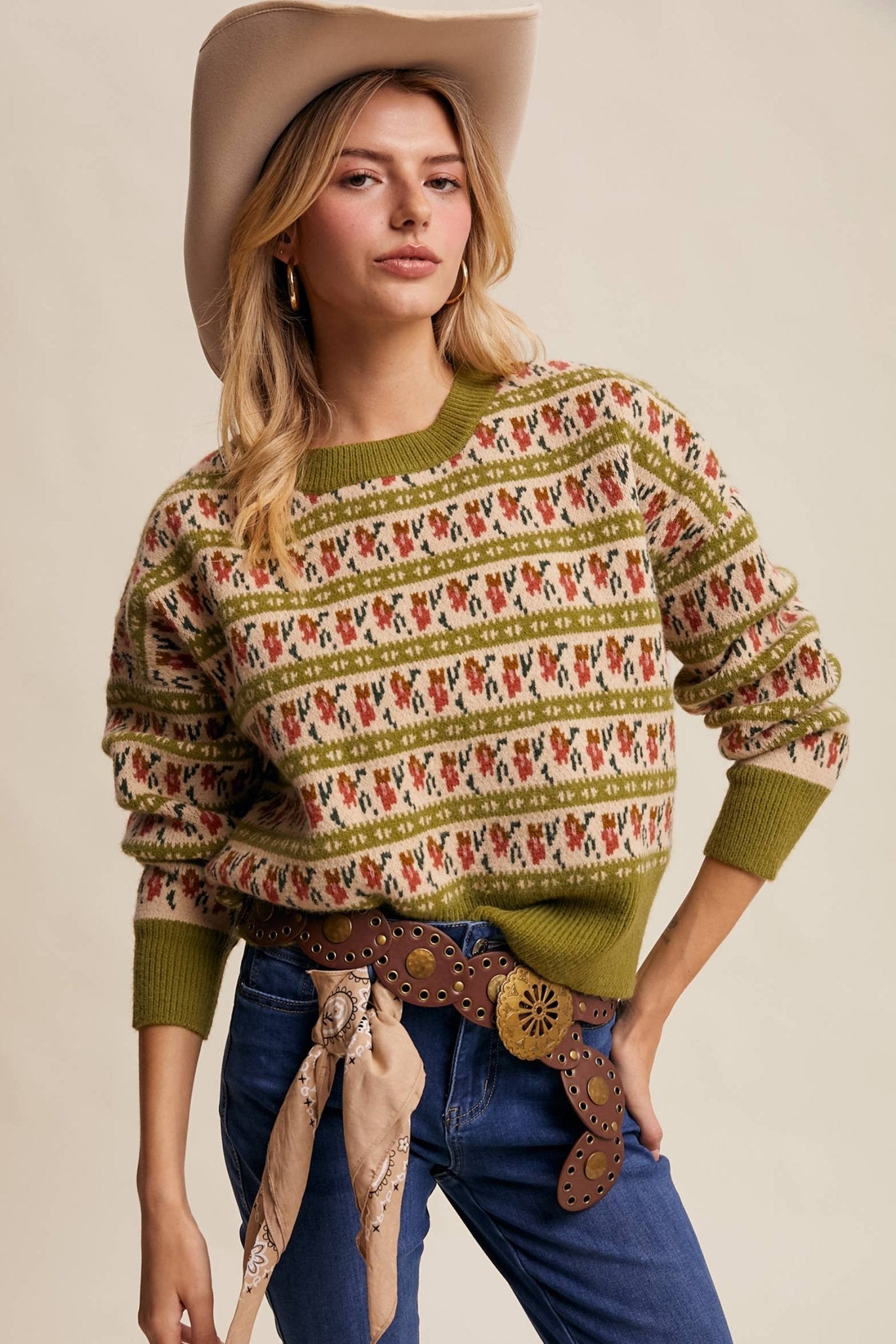 Vintage Green Western Jacquard Knit Sweater - Purpose + Passion Boutique