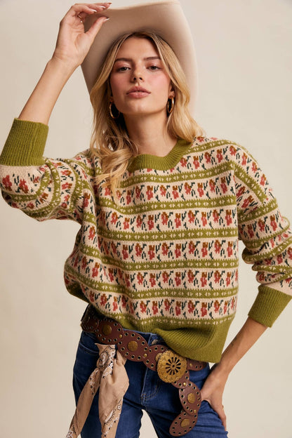 Vintage Green Western Jacquard Knit Sweater - Purpose + Passion Boutique