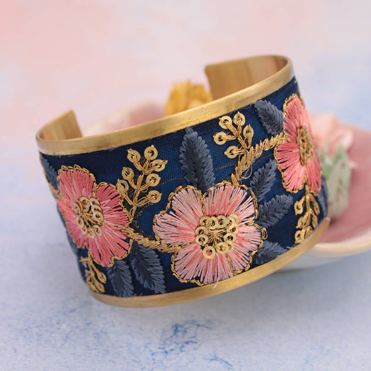 Vintage Pink Blue Embroidered Cuff Bracelet - Purpose + Passion Boutique