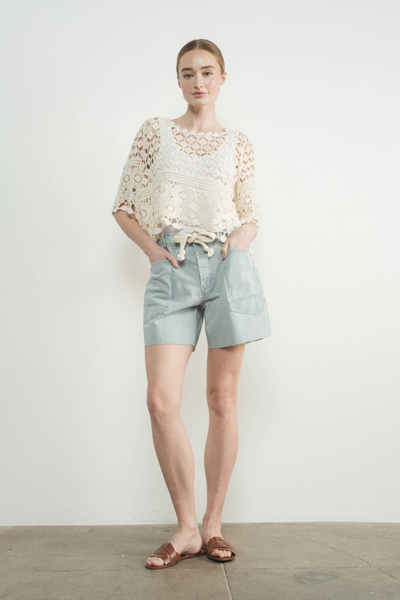 Vintage Washed Denim Stripe Barrel Shorts - Purpose + Passion Boutique