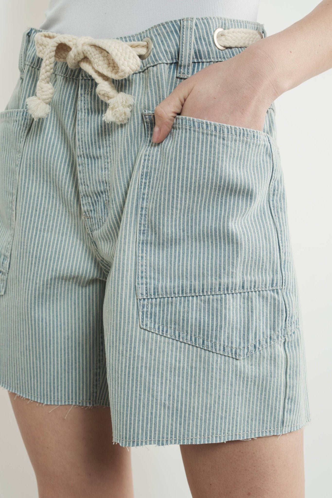 Vintage Washed Denim Stripe Barrel Shorts - Purpose + Passion Boutique