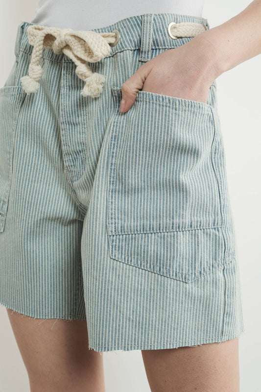 Vintage Washed Denim Stripe Barrel Shorts - Purpose + Passion Boutique