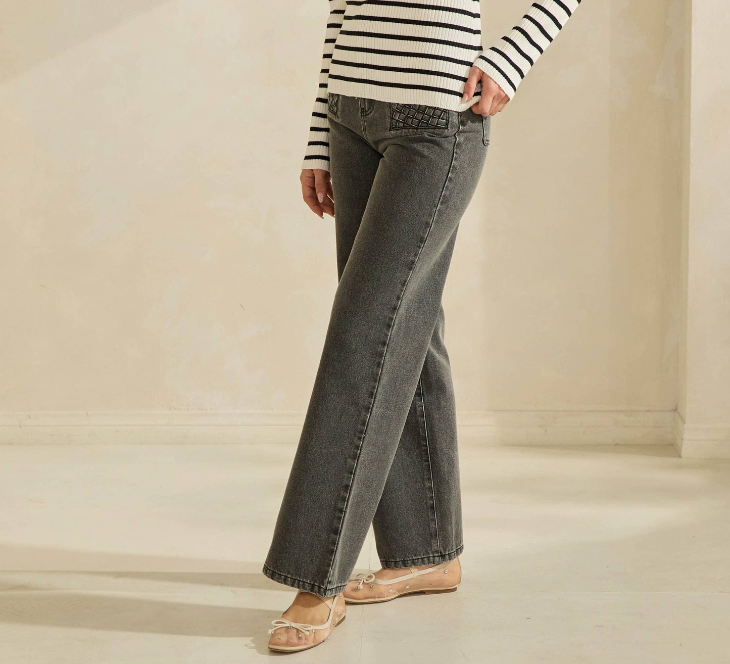 Washed Black Denim Pants with Woven - Effect Pockets - Purpose + Passion Boutique