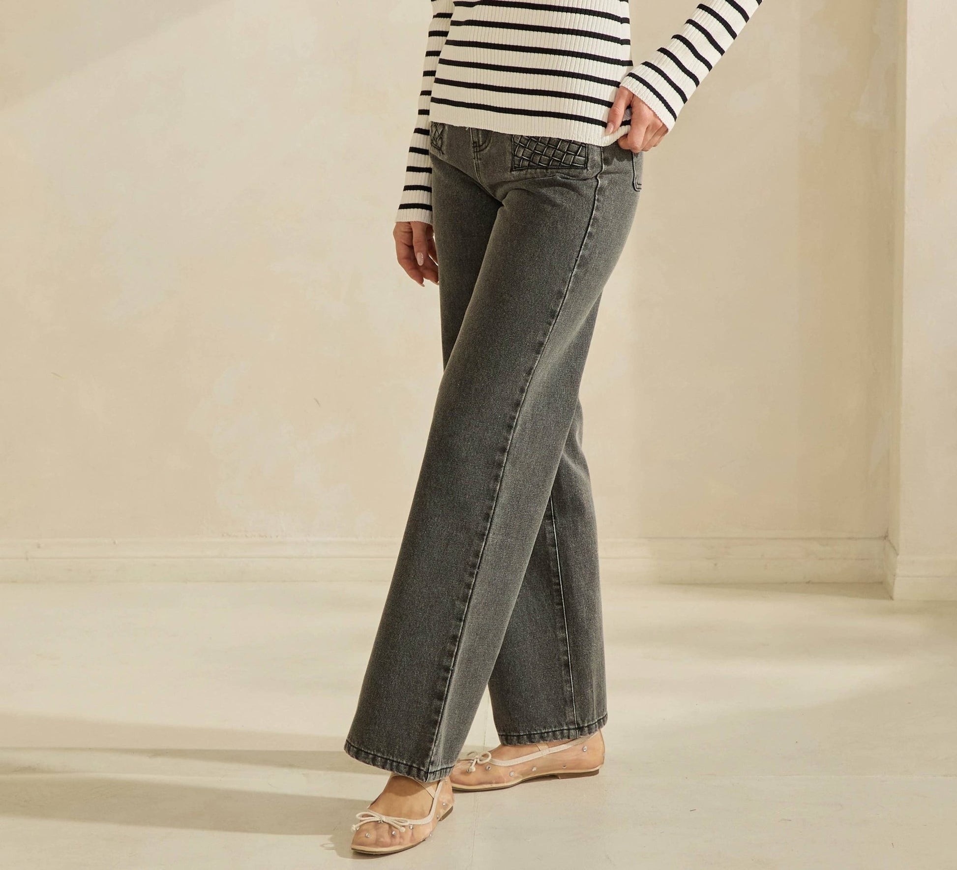 Washed Black Denim Pants with Woven - Effect Pockets - Purpose + Passion Boutique
