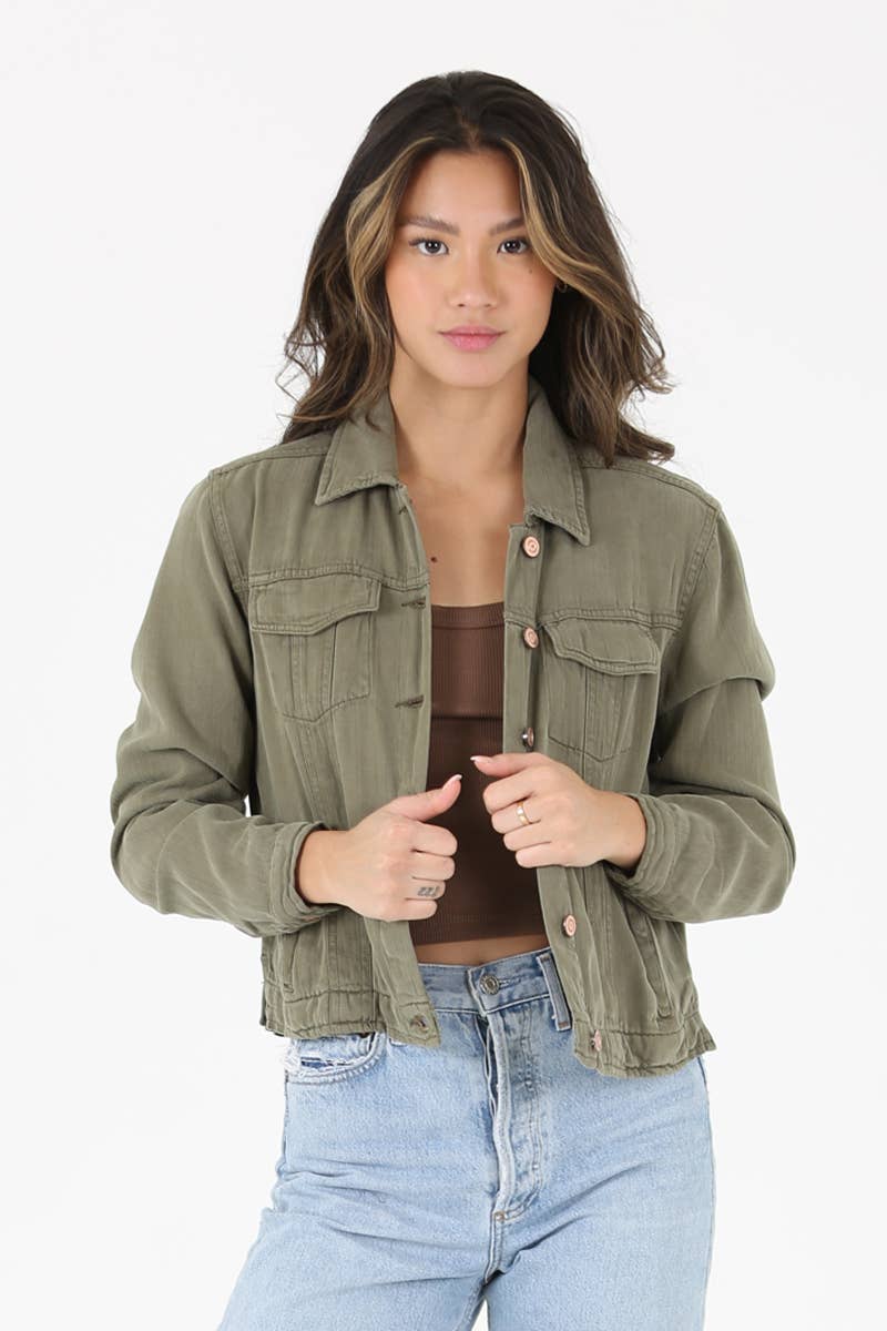 Washed Olive Tencel Button Front Jacket - Purpose + Passion Boutique